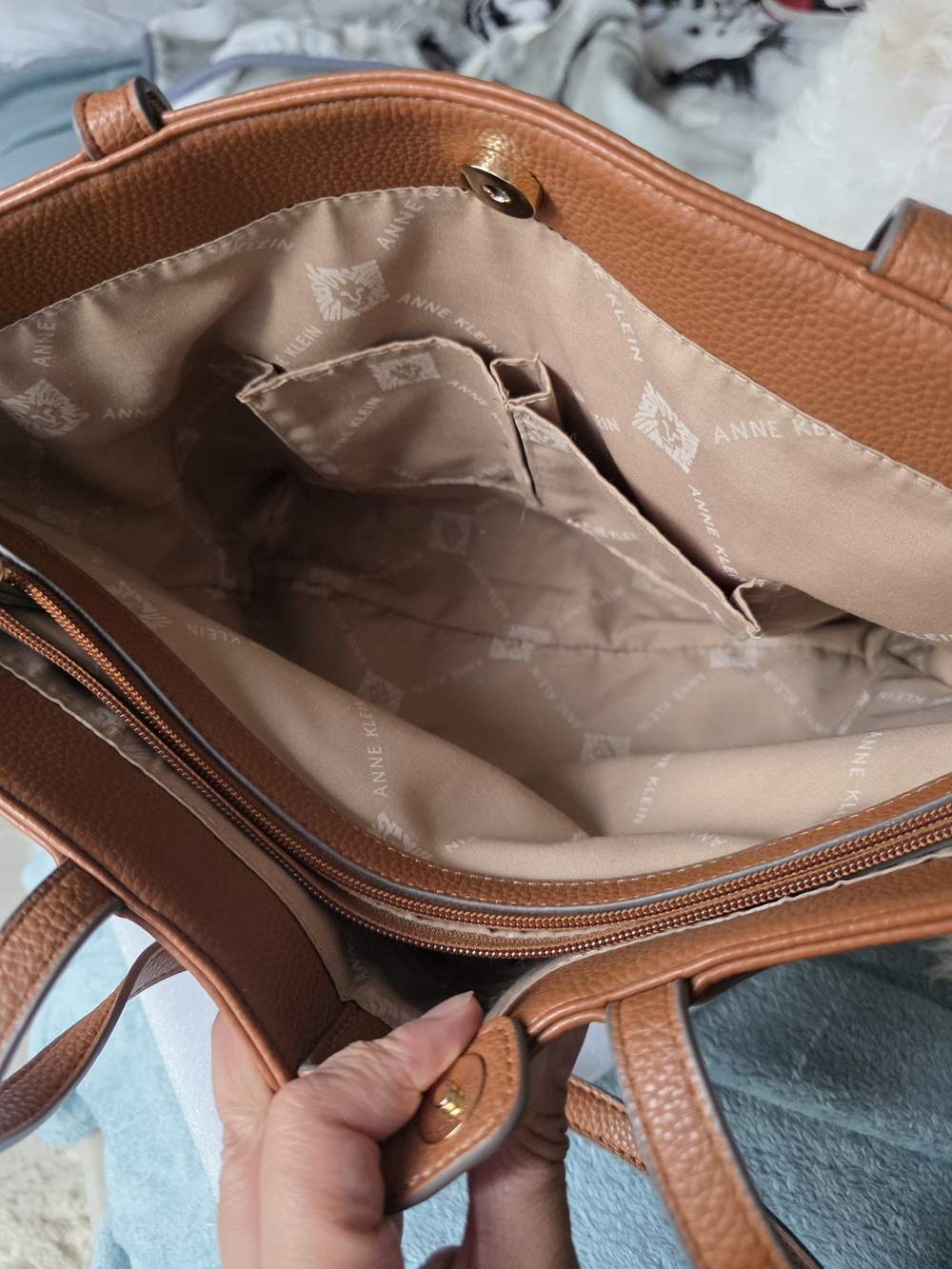 Anne Klein Caramel Pebble Leather Tote Bag with Matching Zip Pouch Set - Picture 14 of 16